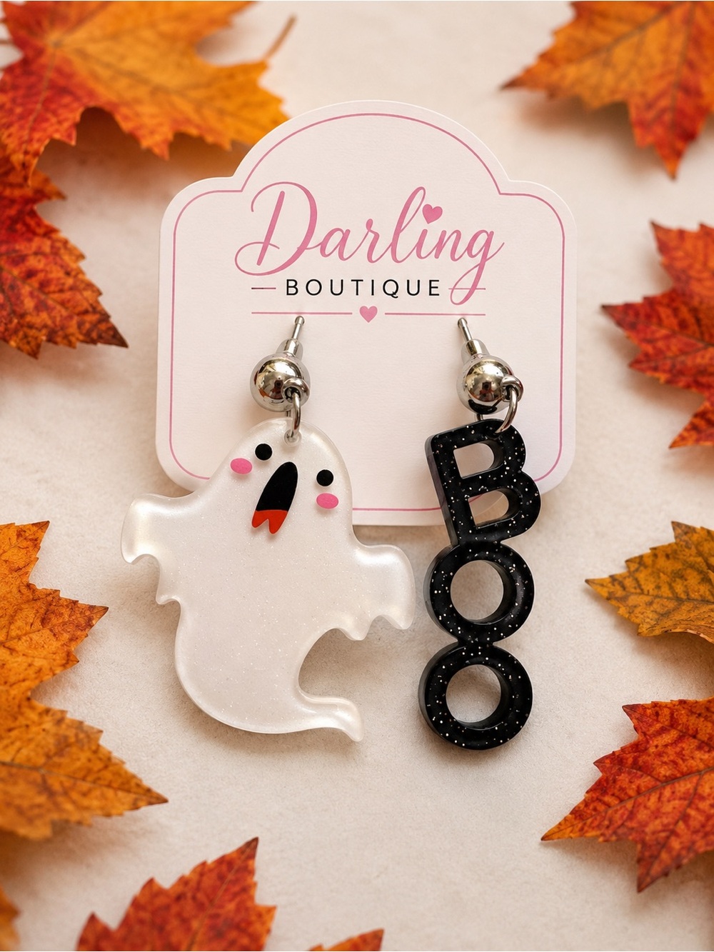 White Ghost & Black BOO Halloween Earrings